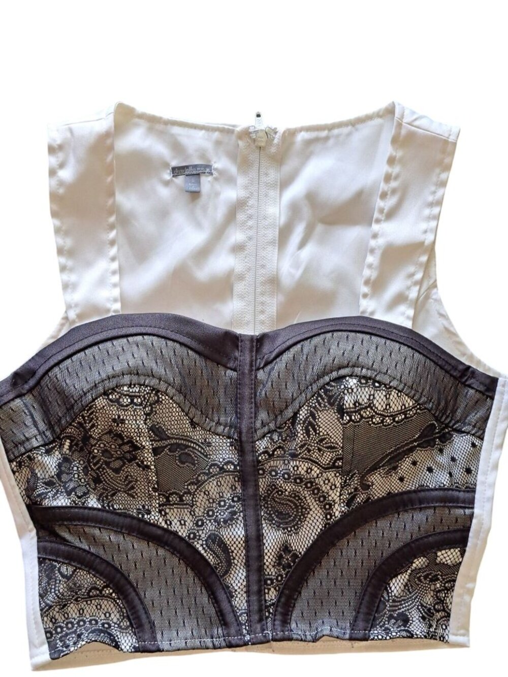 Y2K Charlotte Russe White Satin Sleeveless Crop Top Black Lace Overlay Zip Small